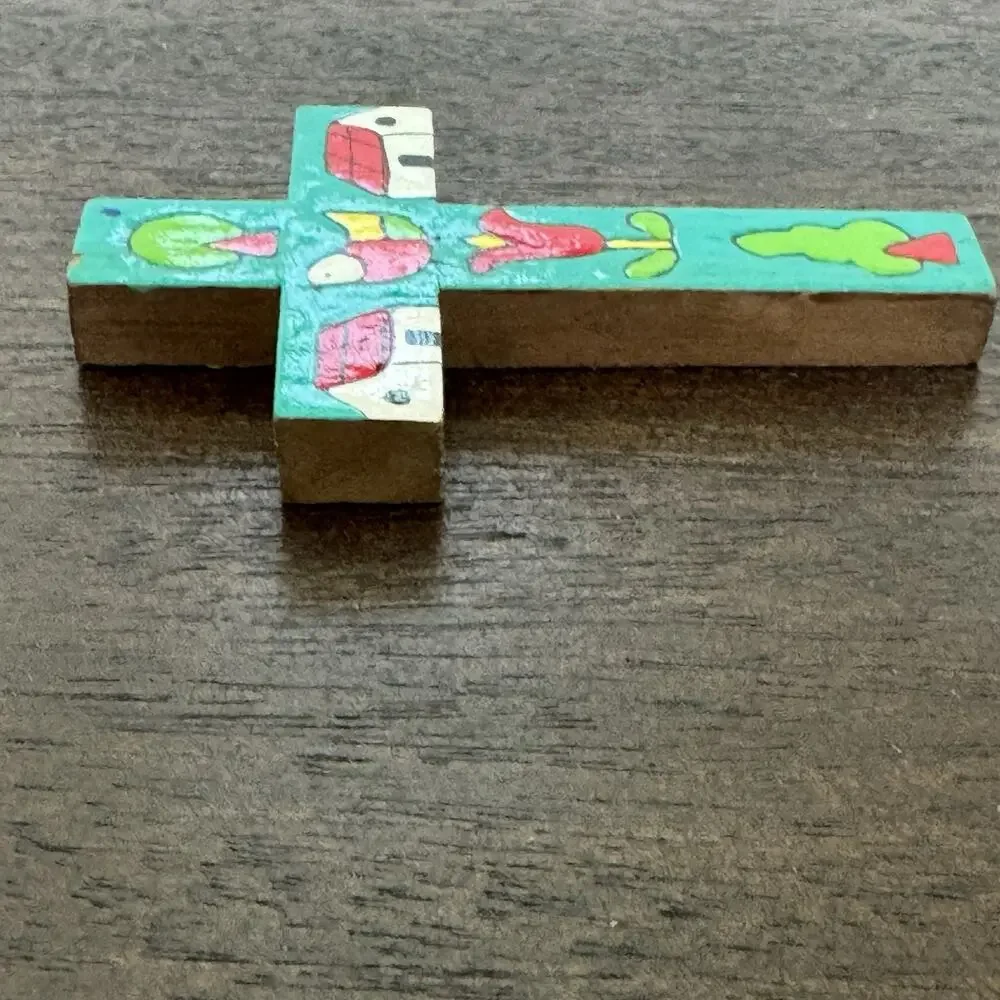 Cross El Salvador Vtg Handmade Turquoise Bird Floral Folk Art Artisan Religious